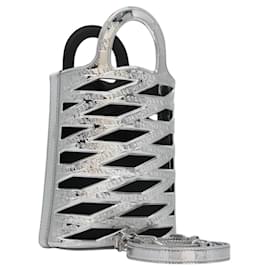 Balenciaga-BALENCIAGA Neophone Holder Shoulder Bag Enamel Silver 660787 Auth 110436A-Silvery