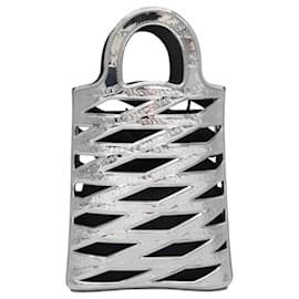 Balenciaga-BALENCIAGA Neophone Holder Shoulder Bag Enamel Silver 660787 Auth 110436A-Silvery