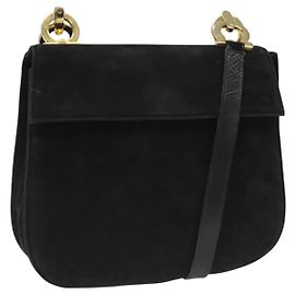 Borsa a Spalla Gancini in Camoscio Nero e Oro Auth 110487 di Salvatore Ferragamo Nero D'oro