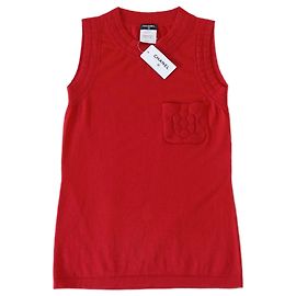 Chanel Red Cashmere Camelia Embroidered Top Red