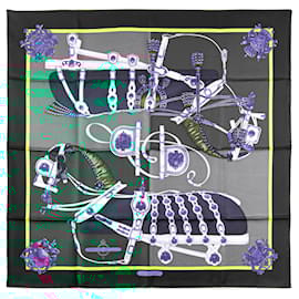 Hermès-Hermès Gray Harnais De Cour Silk Scarf-Brown