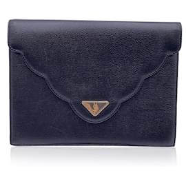 Yves Saint Laurent-Vintage Black Leather YSL Flap Clutch Bag Handbag-Black