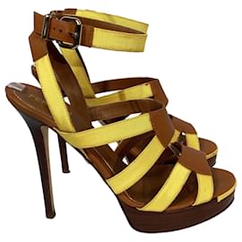 Fendi-Fendi Strappy Platform Sandals in Yellow Canvas and Leather-Yellow