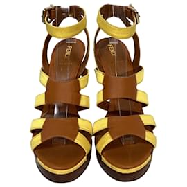 Fendi-Fendi Strappy Platform Sandals in Yellow Canvas and Leather-Yellow