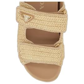 Prada-Prada flat sandal made of natural colored synthetic raffia-Beige,Gold hardware