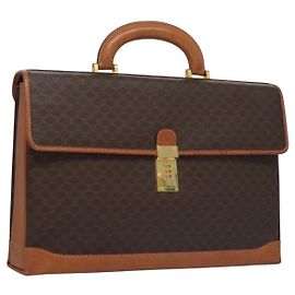 Céline CELINE Macadam Canvas Business Bag PVC Leather Brown Gold Auth 112171 Brown Golden