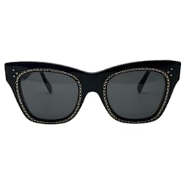 Céline-Celine Black Shiny Rhinestone Embellished Cat Eye Acetate Sunglasses-Black
