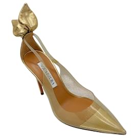 Aquazzura-Aquazzura Gold Metallic Bow Tie Plexi 105 Pumps-Golden