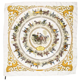 Hermès-Hermès Carré 90 "LA PROMENADE DE LONGCHAMPS" 100% Silk Scarf in Ecru-Cream