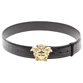 Versace-Versace La Medusa buckle scaled leather belt-Black