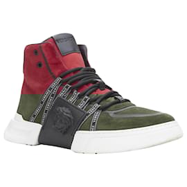 Versace-Tênis de cano alto em camurça com emblema Medusa em fita da Versace-Vermelho