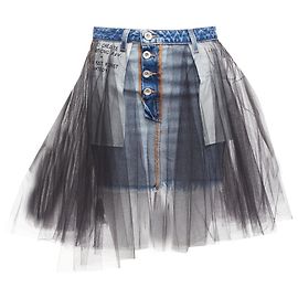 Unravel Project Jupe en denim à superposition de tulle Ruffle Project à l'envers Bleu