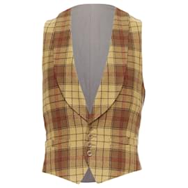 Dries Van Noten-Dries Van Noten Red plaid wool shawl collar waistcoat-Brown