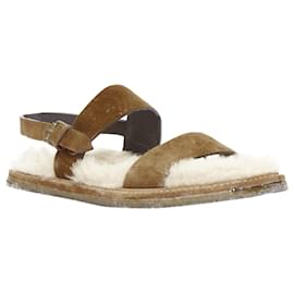 Saint Laurent-Saint Laurent Joan Noe tan leather cream shearling lined sandals-Brown,Beige