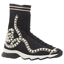 Fendi-Fendi Rockoko pearl embellished sock knit high top sneaker-Black