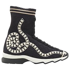 Fendi-Fendi Rockoko pearl embellished sock knit high top sneaker-Black
