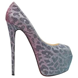 Christian Louboutin-Christian Louboutin Highness lame léopard peep toe plateforme-Bleu