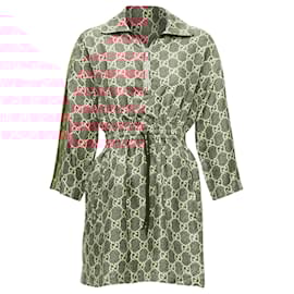 Gucci-Gucci silk Red GG supreme monogram print web trim mini dress-Red