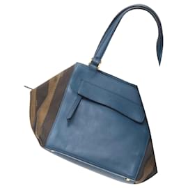 Fendi-Fendi leather stripe canvas side tote bag-Blue