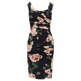 Dolce & Gabbana-Dolce & Gabbana rose print silk lined draped mid cocktail dress-Black
