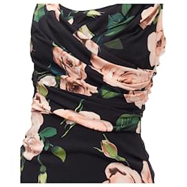 Dolce & Gabbana-Dolce & Gabbana rose print silk lined draped mid cocktail dress-Black