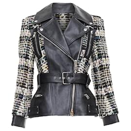 Alexander Mcqueen-Alexander McQueen Hybrid punk leather tweed biker jacket-Black