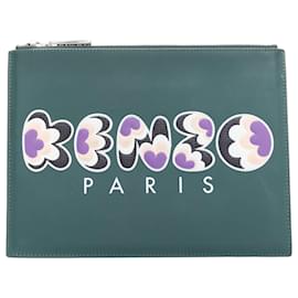 Kenzo-Kenzo dark debossed rubber logo portfolio zip clutch-Green