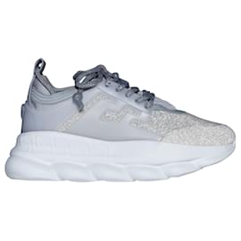 Versace-Tênis Versace Chain Reaction em cristal refletivo prateado com strass-Prata,Metálico
