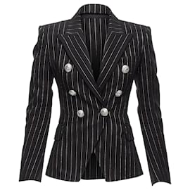 Balmain-Balmain Metallic Striped Cotton Blend Double Breasted Blazer-Black