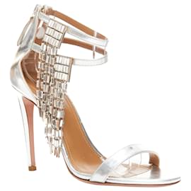 Aquazzura-Aquazzura Dangling Crystal Chandelier Leather Strappy Heel Sandals-Silvery,Metallic