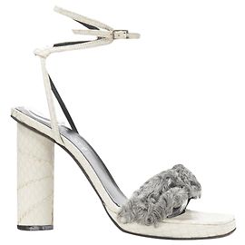 Gianni Versace white grey shearling ankle strap cone heel sandal White