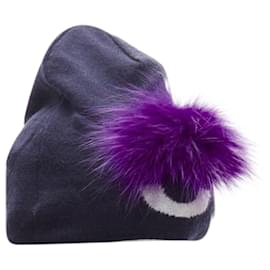 Fendi-Fendi Monster Bug Eye wool arctic fox fur trim beanie hat-Blue,Navy blue
