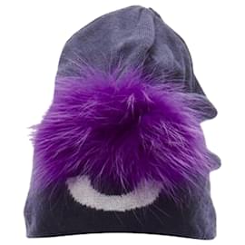 Fendi-Fendi Monster Bug Eye wool arctic fox fur trim beanie hat-Blue,Navy blue