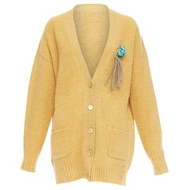 Gucci-Gucci wool yellow floral brooch oversized cardigan-Yellow