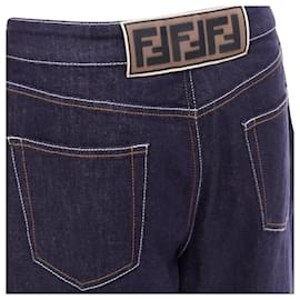 Fendi-Fendi FF logo patch contrast stitch cropped wide leg jeans-Blue