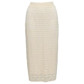 Fendi-Fendi cream cotton blend FF Zucca monogram knit pencil skirt-Brown,Beige