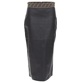 Fendi-Fendi Gonna khaki FF monogram waist lamb leather pencil skirt-Black