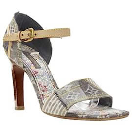 Louis Vuitton-Louis Vuitton denim patchwork buckle vachetta strap wooden heel sandal-Grey