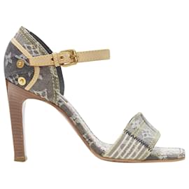 Louis Vuitton-Louis Vuitton denim patchwork buckle vachetta strap wooden heel sandal-Grey