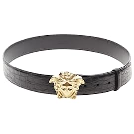 Versace-Versace La Medusa g buckle scaled leather belt-Black