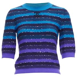Chanel-Chanel Sequins Cashmere Blend CC Logo Striped Crop Sweater-Blue