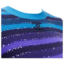 Chanel-Chanel Sequins Cashmere Blend CC Logo Striped Crop Sweater-Blue