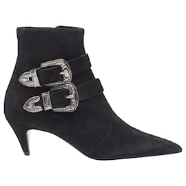 Saint Laurent-Saint Laurent Charlotte suede silver western buckle bootie-Black