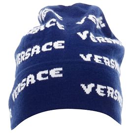 Versace wool logo monogram beanie hat Blue