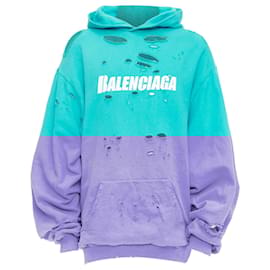 Balenciaga-Balenciaga Demna teal destroyed ripped layeRed logo hoodie-Blue