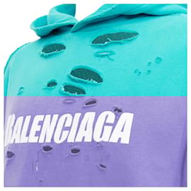 Balenciaga-Balenciaga Demna teal destroyed ripped layeRed logo hoodie-Blue