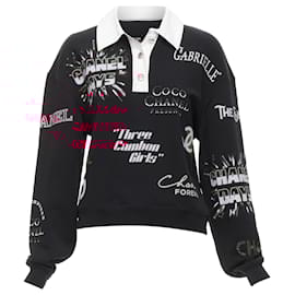 Chanel-Chanel CC Logo Graphic Cotton 5 Button Polo Shirt-Black