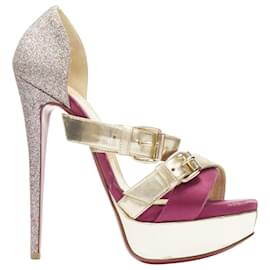 Christian Louboutin-Christian Louboutin Ambertina glitter buckle strappy platform-Golden,Metallic
