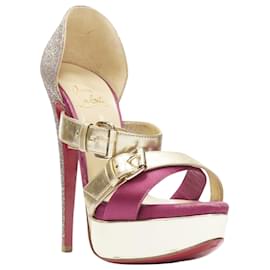 Christian Louboutin-Christian Louboutin Ambertina glitter buckle strappy platform-Golden,Metallic