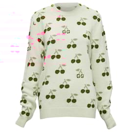 Gucci-Gucci GG logo Cherries crew long sleeves sweater-White,Cream